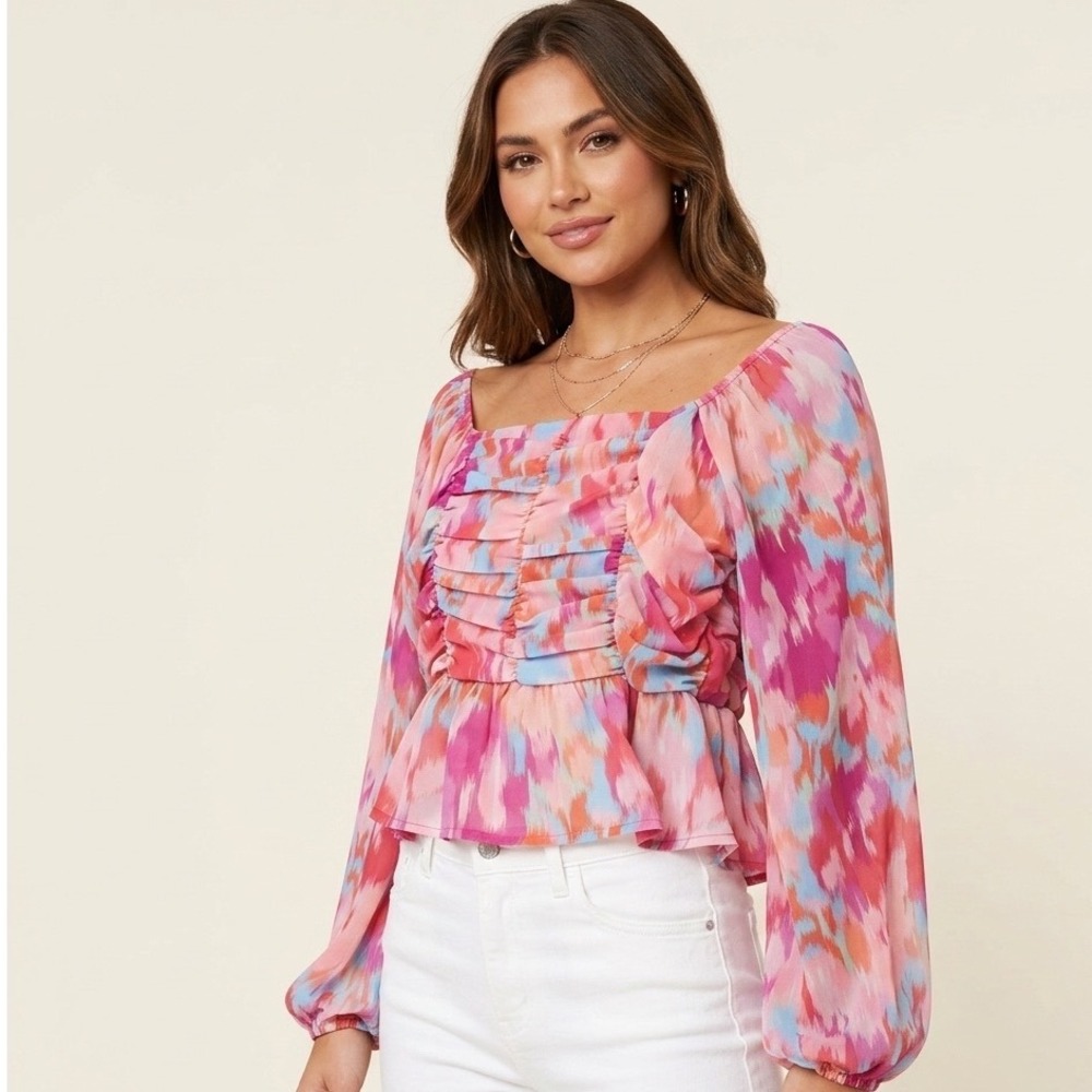 Pink Lily Abstract Ikat Print Ruched Peplum Top Pink Blue Size Medium